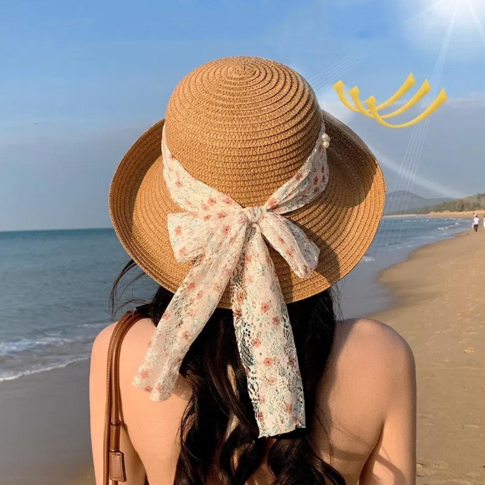 Lace Bowknot Sun Hat Large Brim Beach Hat Sweet Straw Hat  Women