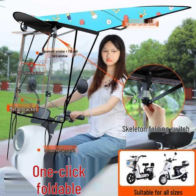 Electric Vehicle Detachable Folding Awning: Retractable Sunshade, Windproof & Rainproof for Pedal Motorcycles.
