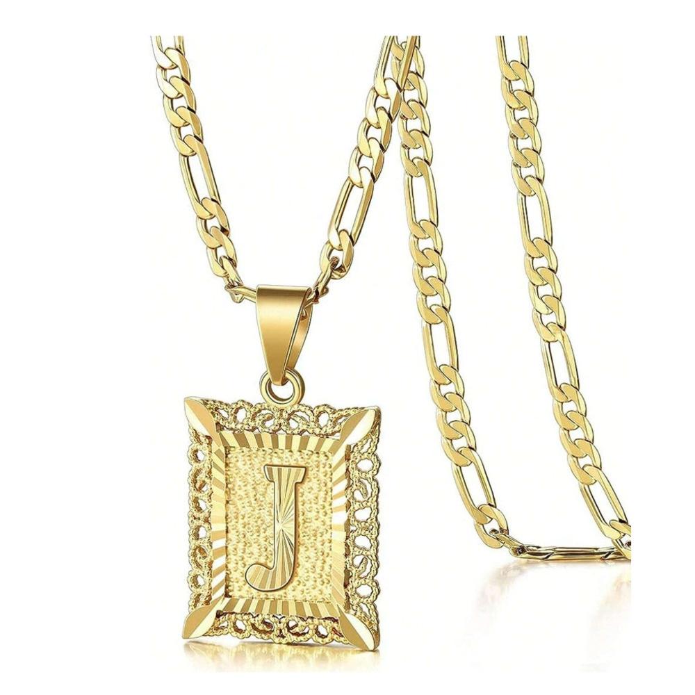 Initial Necklace Square Letter Pendant Necklace Capital Monogram Necklace Alhpabets From A-Z Figaro Chain Necklace