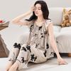 Printed Buttons Cotton and Silk Pajamas Women's Spring and Autumn Thin Sleeveless Trousers Artificial Cotton Suit Loose Loungewear