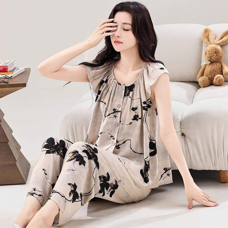 Printed Buttons Cotton and Silk Pajamas Women's Spring and Autumn Thin Sleeveless Trousers Artificial Cotton Suit Loose Loungewear