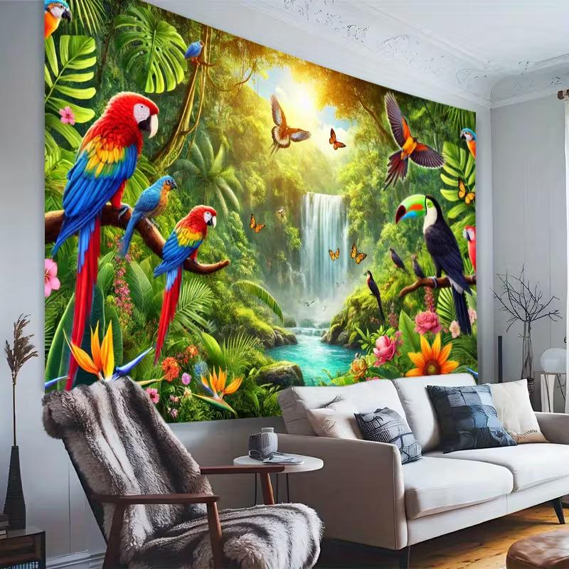 2D Rainforest Bird Waterfall Tapestry Macaw Toucan Backdrop Cloth for Living Room