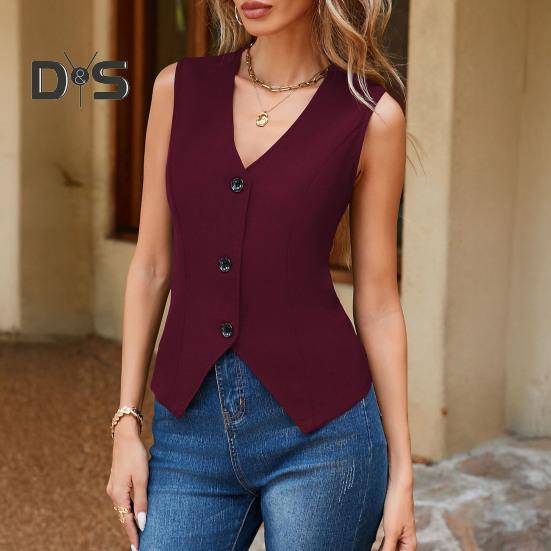 Women's Dressy Suit Vest V-Neck Button Down Blazer Waistcoat Sleeveless Crop Top Slim Fit Work Office Outfit