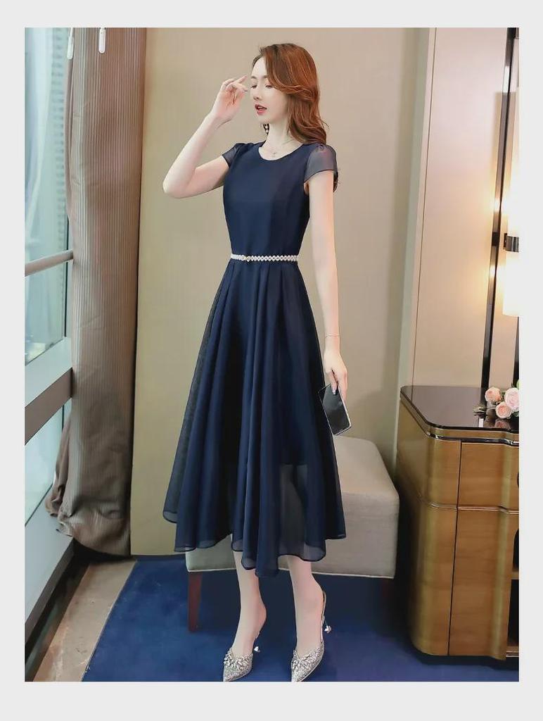 Women's 2025 Summer Chiffon Long Dress - Waist-Slimming French Style, Short-Sleeved