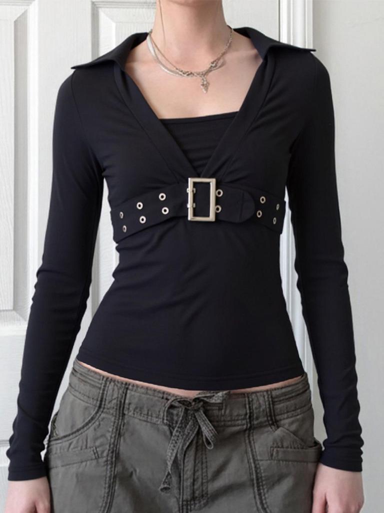 European-American Street Style Metal Buckle Solid Long Sleeve Slimming T-shirt