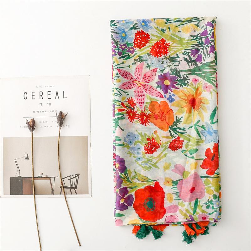 Luxury Flower Plant Women Viscose Scarf Ventilate Summer Beach Shawl Cotton Linen Feeling Tassel Pashmina Muslim Hijab Wrap Lady