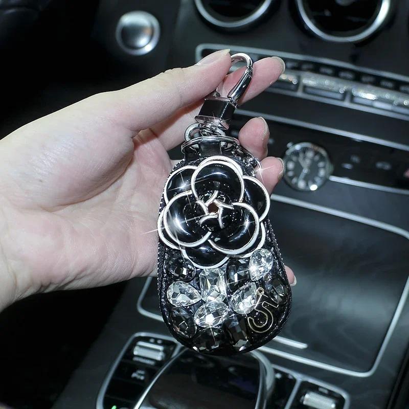 Shiny Diamond Crystal Car Camellia Flower Key Bag Auto Key Protection Cover Universal Bling Car Accessories for Women