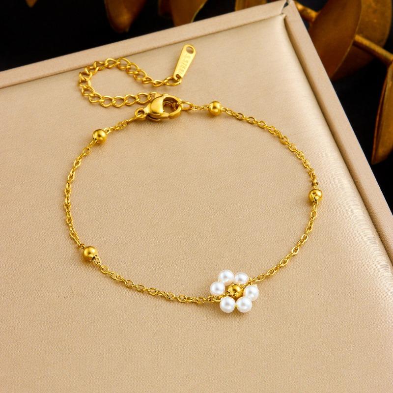 Pearl Flower Jewelry Set For Women Gold Plated Stainless Steel Necklace Bracelet Earrings