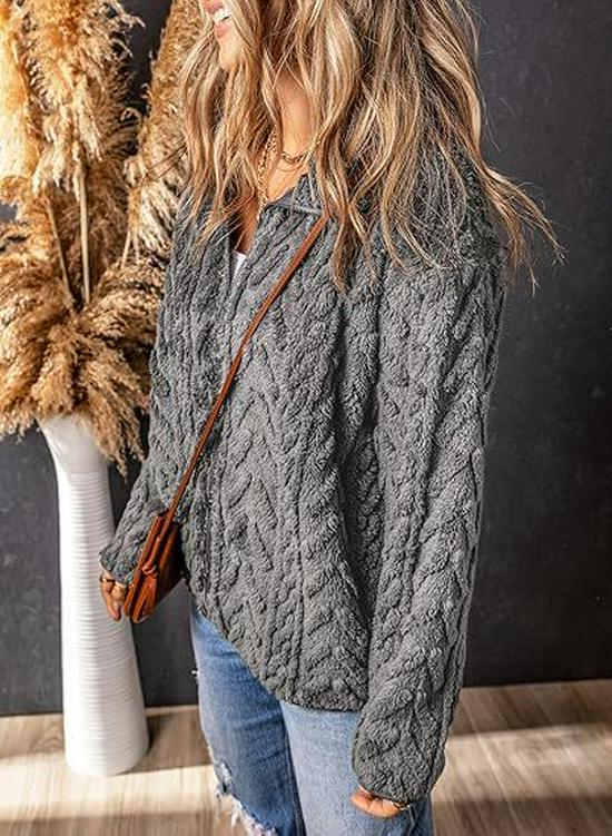 2026 Women's Solid Color Casual Zipper Cardigan with Stand Collar Fleece Jacket