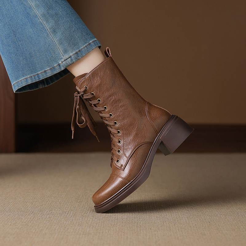 Krazing Pot Cow Skin Round Toe Thick Heels Motorcycle Boots Size 42 Lace Up Women Keep Warm Mid-calf Boots