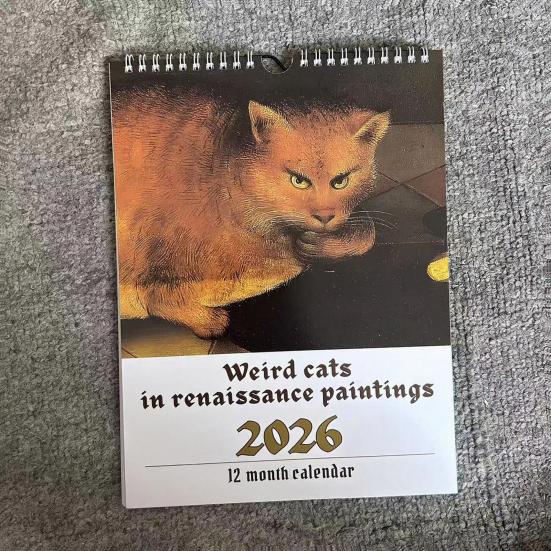2026 Cat Wall Calendar Funny Weird Cats In Renaissance Art Monthly Planner with Clear Date Boxes Spiral Bound Calendar for Home Unique Cat Lover Gifts