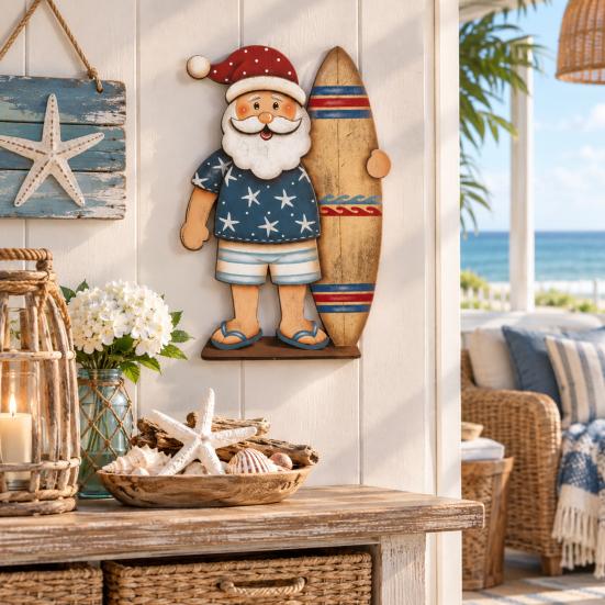 Rustic Wood Hanging Signs Lighted Wooden Surfing Santa Wall Decor, LED Coastal Christmas Unique Seaside Xmas Gifts with Surfboard, Beach Theme Holiday