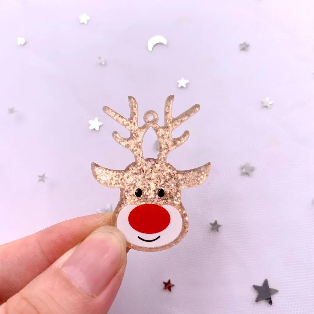 6 STÜCKE Bunt Glitzernd Goldener Weihnachts Hirschkopf Flache Rückseite Acrylplatte Miniaturmuster Applikation DIY Schmuckdekor Kunsthandwerk