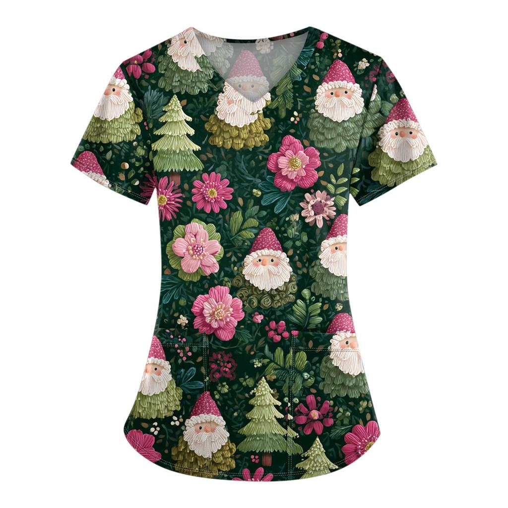 Damen-Bluse mit Weihnachtsdruck, kurzärmelig, V-Ausschnitt, Arbeitstasche