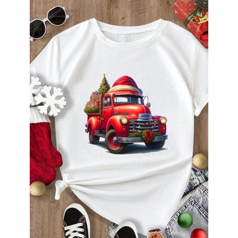 (European Size) Merry Christmas Tee New Year Holiday Top Festival Casual Tree Style Cute Women Print Lady Short Sleeve Fashion Graphic T-shirts