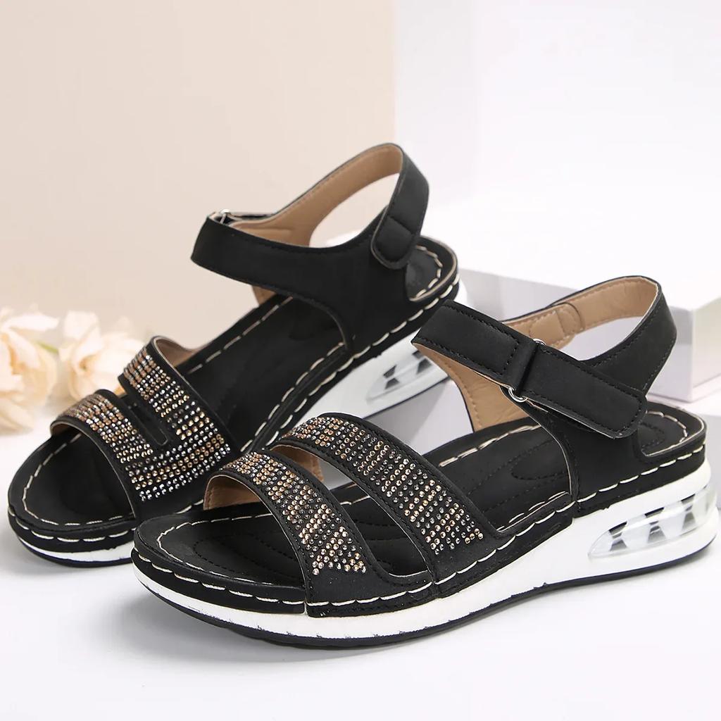 Thick-soled Wedge Heel Large Size Women's Sandals One-word with Sequins Rhinestones Thick-soled  Sandals for Women