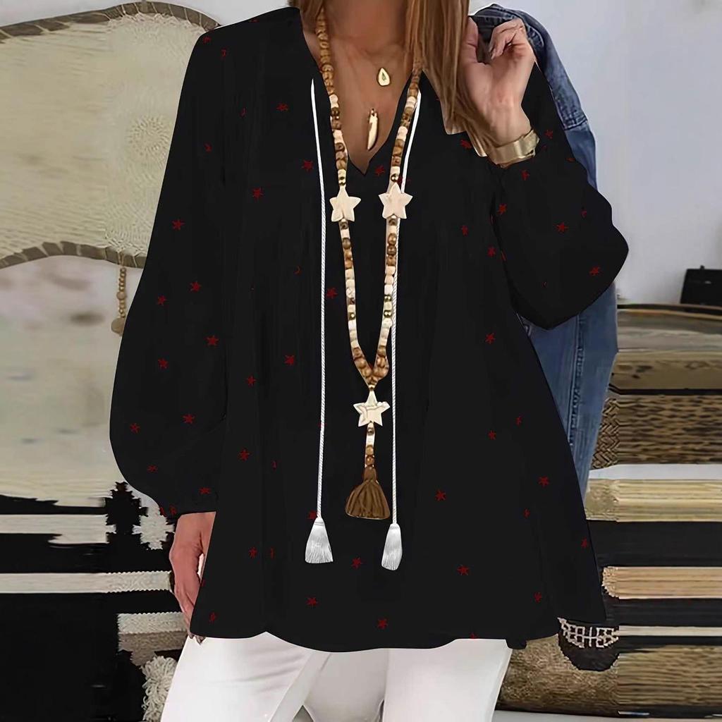 2025 Autumn V-neck Star Print Drawstring Comfortable Casual Loose Batwing Sleeve Pullover