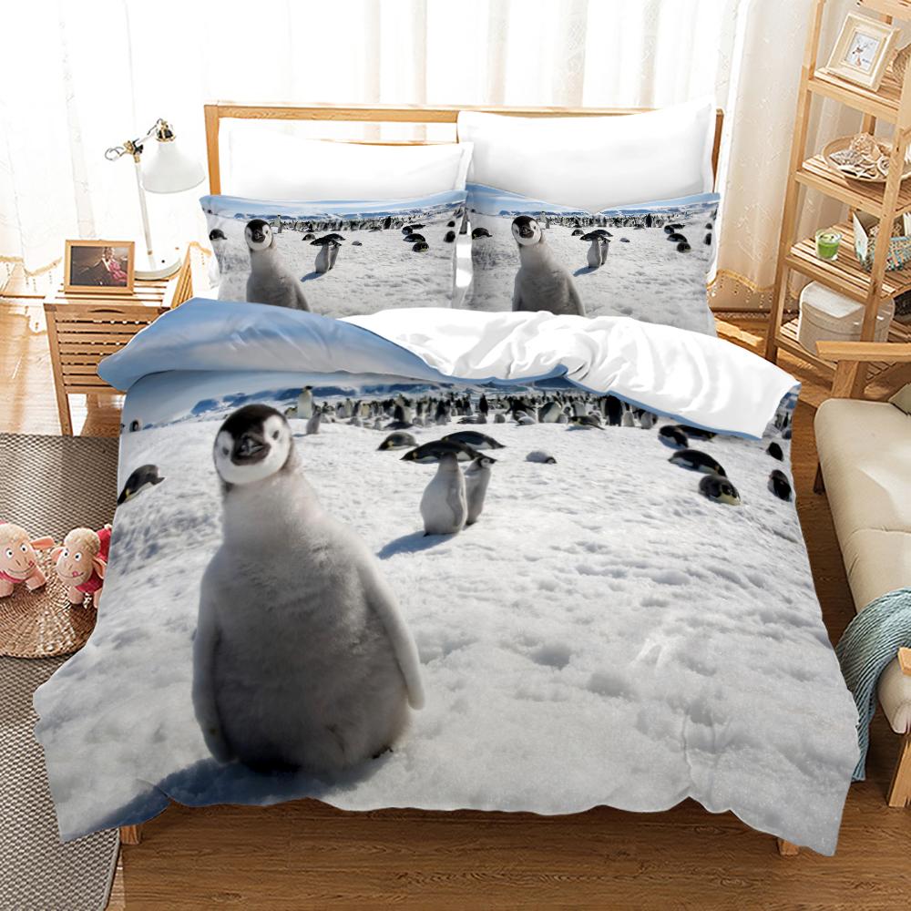 Antarctic Penguins Duvet Cover Set For Kid Girl Boy Cute Animals Polyester Comforter Cover Black White Print Bedspread King Size