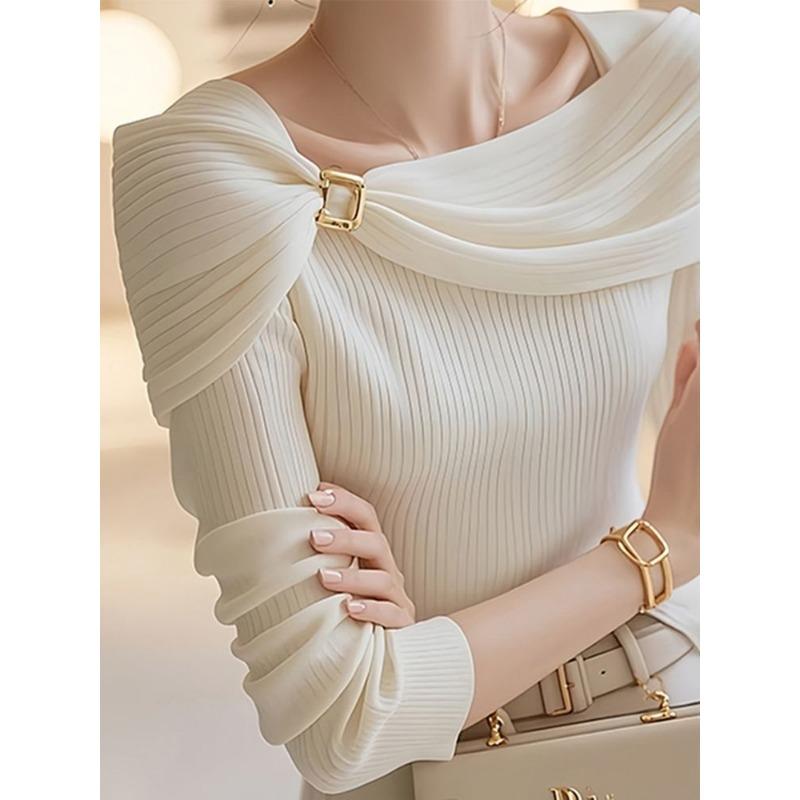 White One-word Shawl Bottoming Sweater Spring and Autumn New Korean Style Top for Women
