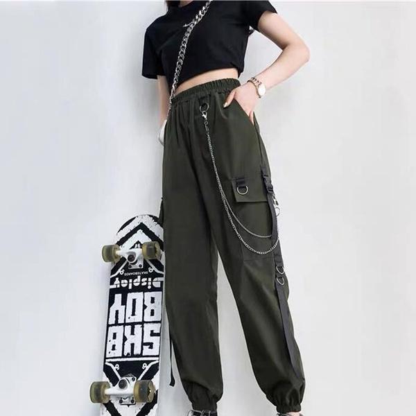 

Женские готические модные комбинезоны с высокой талией и эластичной резинкой на талии, брюки в стиле хип-хоп с цепочкой в ​​стиле панк, повседневная уличная технологичная одежда, большие размеры S-4XL L армия зеленый