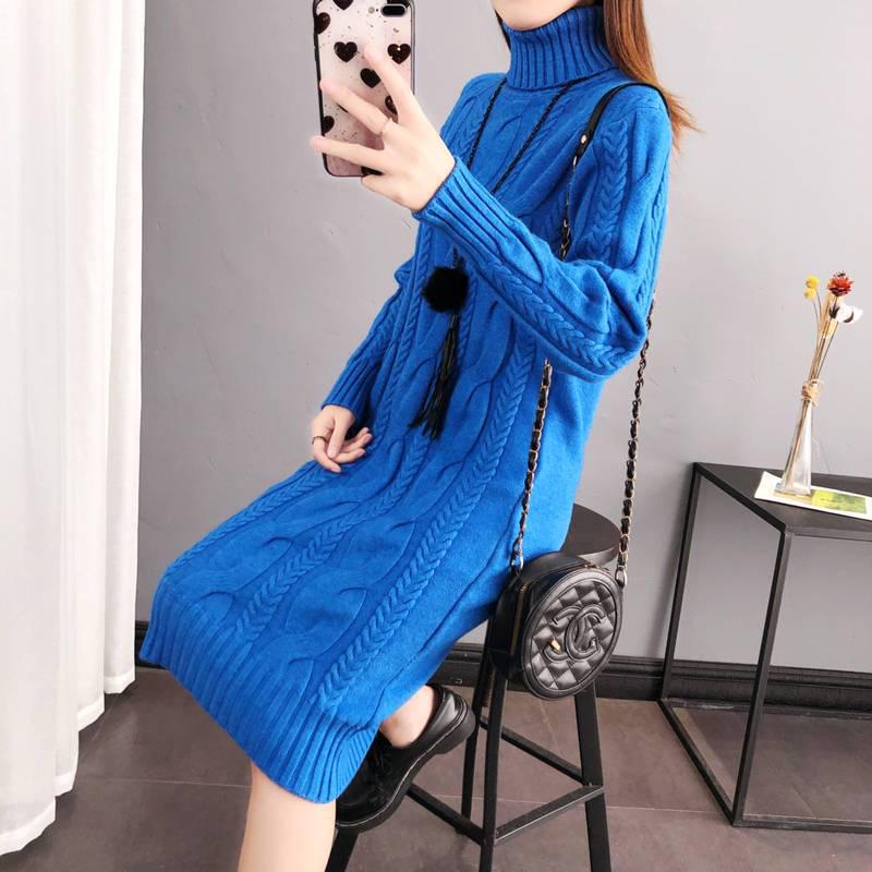 Women's Plush/Non-Plush Turtleneck Over-the-Knee Knitted Sweater Dress for Autumn & Winter