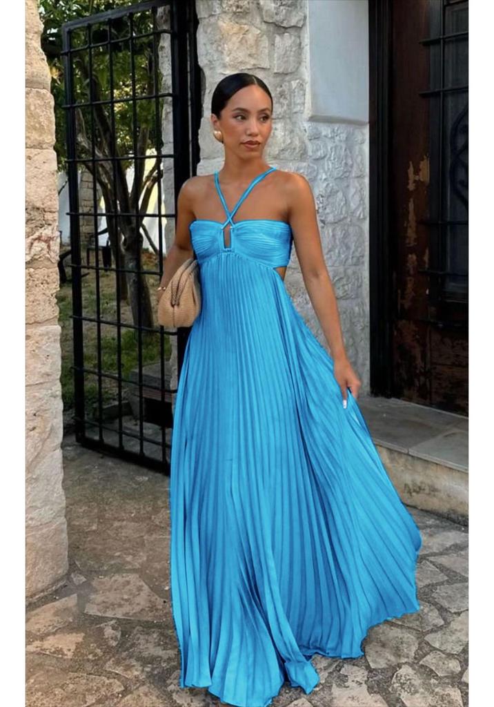 Europäisches/Amerikanisches Trägerloses Plissee-Neckholder-Kleid - Damen Sommer Einfarbig Ärmellos Strand Resort Kleidung