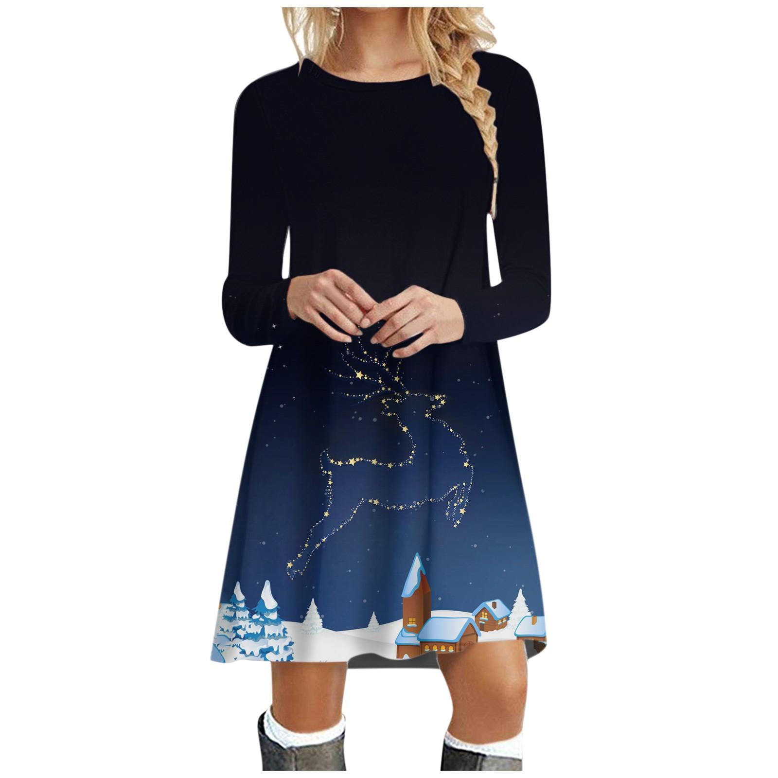 Женское осеннее и зимнее платье с рождественским принтом и круглым вырезом и длинными — фото 6