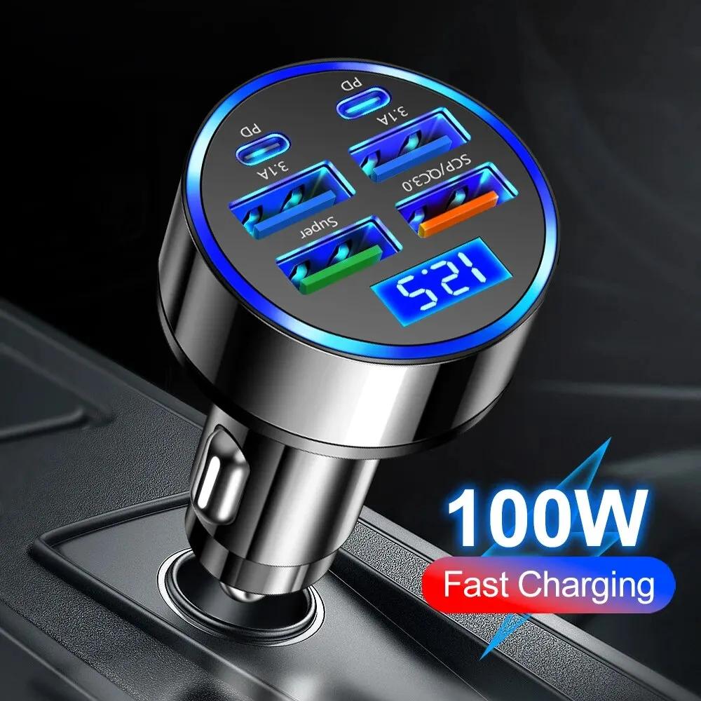 250W 6 Ports Car Charger Fast Charging PD QC3.0 USB C Car Phone Charger Type C Adapter In Car For iPhone Samsung Huawei Xiaomi