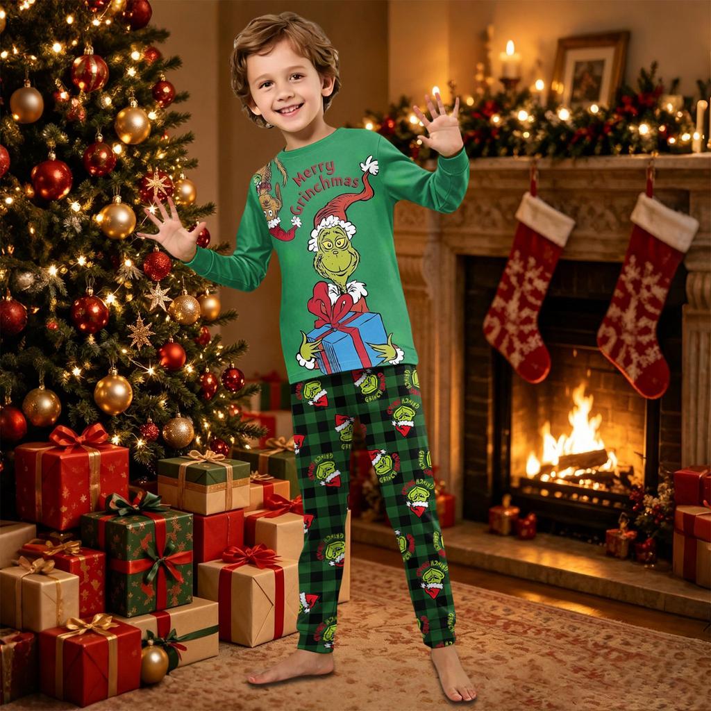 Christmas Family Matching Pajama Set with Festive Print, Long Sleeve and Long Pants for Parents and Kids