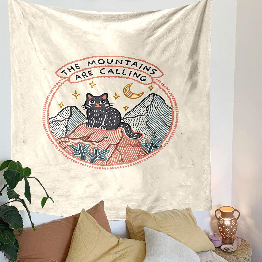 Mountains Are Calling Tapestry Wall Hanging, Cat Mountain Badge, Wall Decor for Bedroom Living Room Dorm