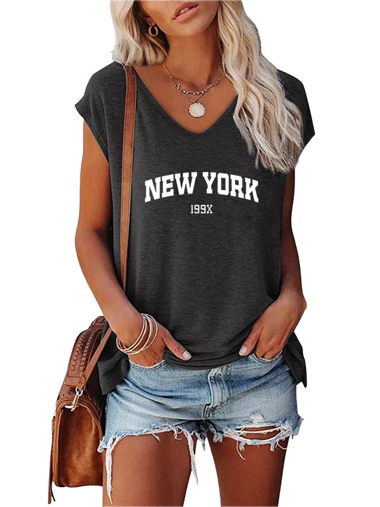 Damen Mode V-Ausschnitt Bedrucktes T-Shirt Sommer Lässig Kurzarm Top