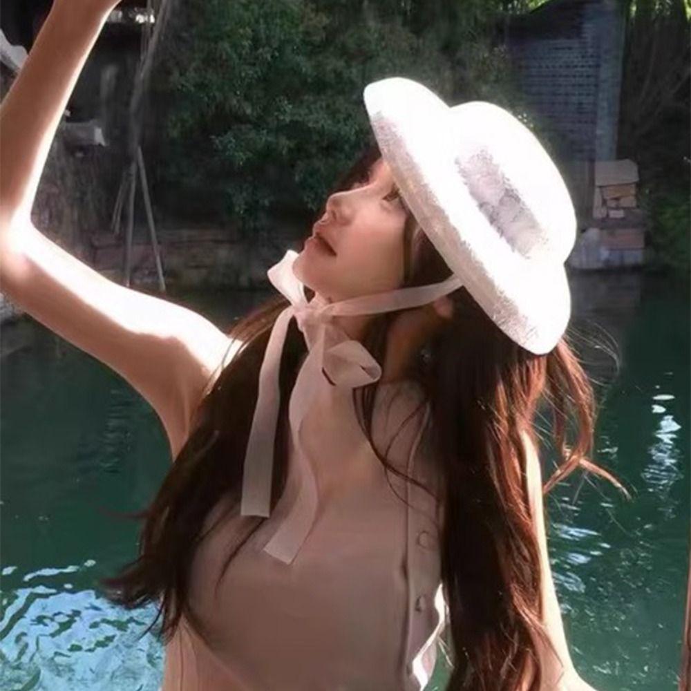 Sunscreen Lace Tied Topper Hat White Lace Bonnet Hat Hepburn Style Formal Hat  Parties Gathering