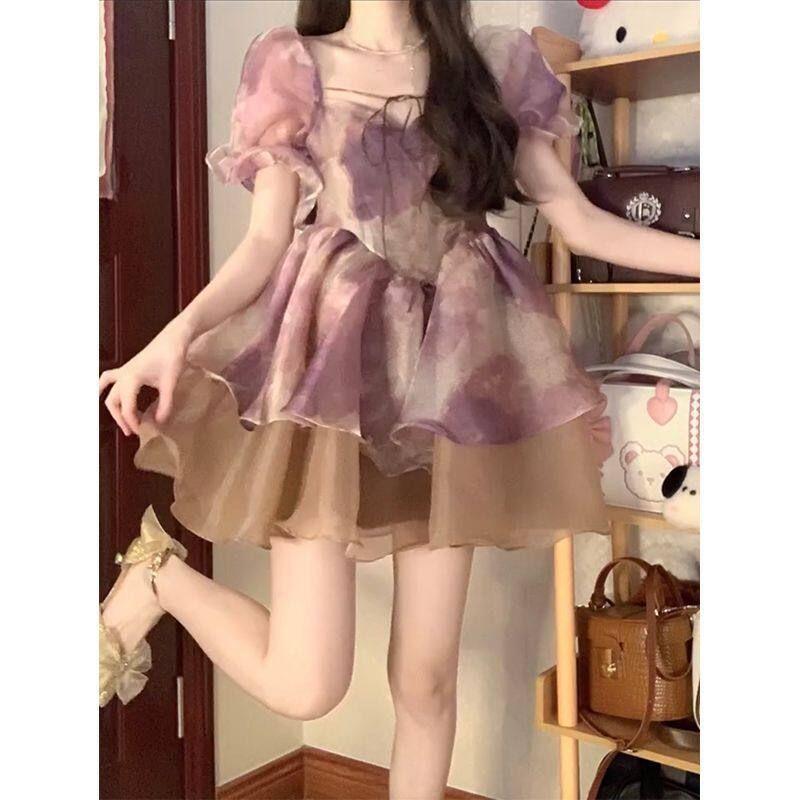 

Sweet Age-Reducing Puffy Skirt Dress, Summer Purple Tie-Dye Puff Sleeve Floral Dress, Princess Dress, Fairy Dress Image color S [Excellent Quality]