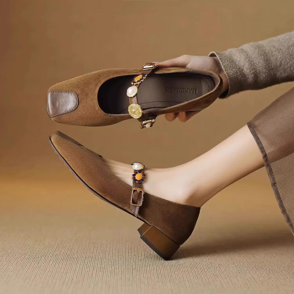 Autumn casual ethnic retro style square head thick heel rhinestone beaded one-word buckle belt women's shallow mouth single shoes