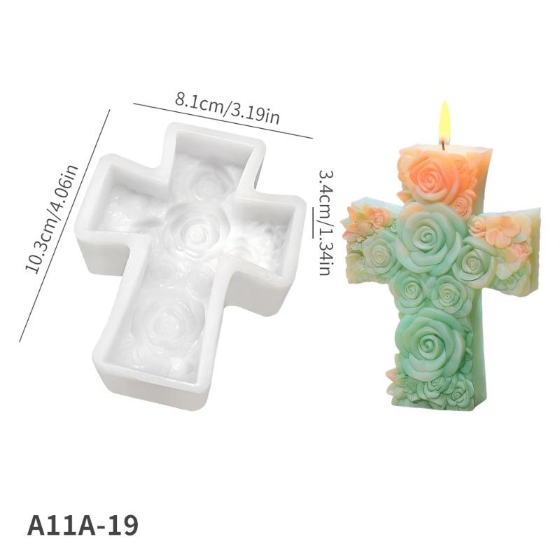 Bloemkruis Jezus Siliconen Kaarsvorm 3D Reliëf Rozenpatroon Kruis Ambacht Gips/Hars/Zeep Vorm Religieus Ornament Maakgereedschap