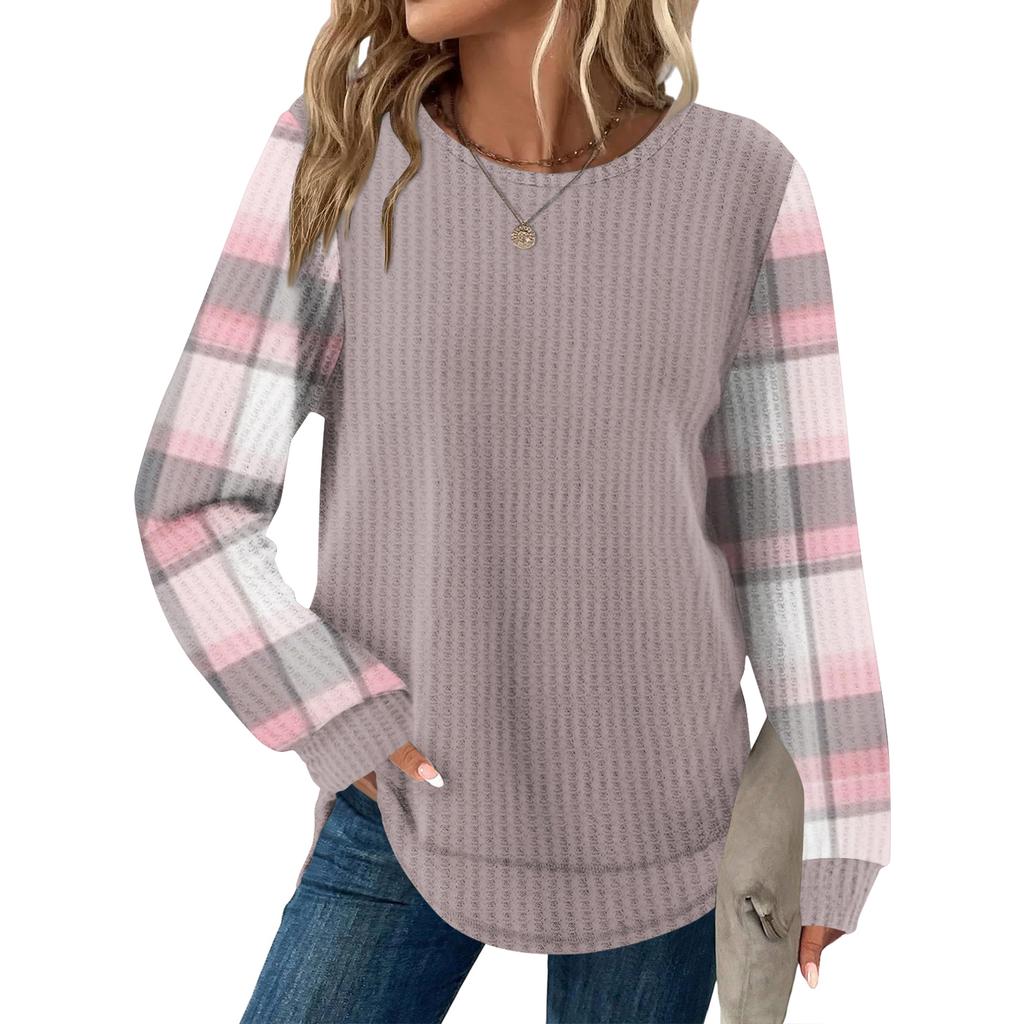 Damrutig tryck rund hals långärmad ledig lös topp