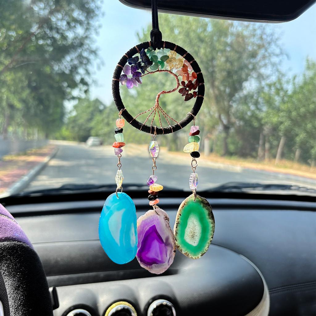 Chakra Tree Life Natural Raw Crystal Stones Crafts Handmade Polished Floral Pattern Fashion Trend Pendant Suncatcher Hanging Car