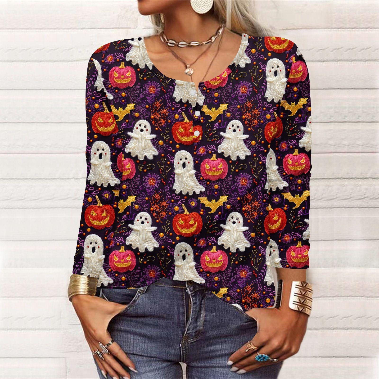 

Рубашки с длинным рукавом для женщин, Хэллоуин с рисунком и графическим принтом, футболки, блузки, повседневные базовые топы больших размеров, пуловер XL