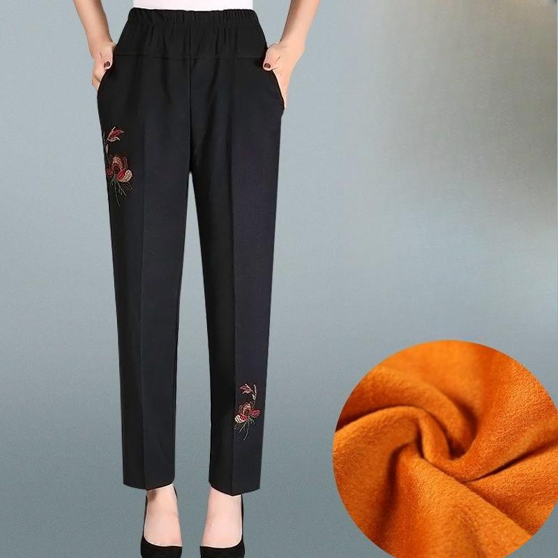 Middle-aged and Elderly Pants Women's High-waist Plus Velvet Thick Warm Pants Spring Casual Mother Cotton Pants Outer Wear Autumn and Winter Models