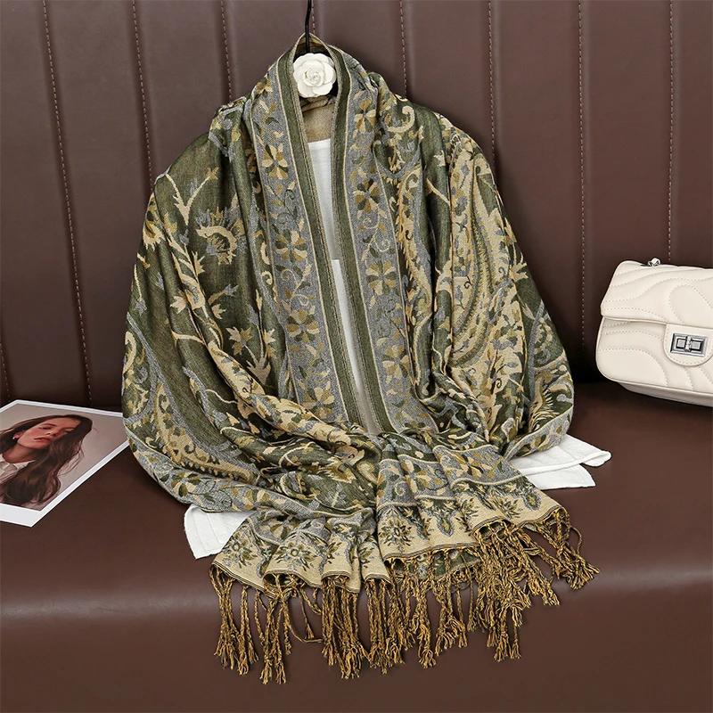 Bohemia Ethnic Style Women Scarf Retro Jacquard Thick Cashmere Tassel Shawl Winter Warm Muslim Hijab Wrap Pashmina