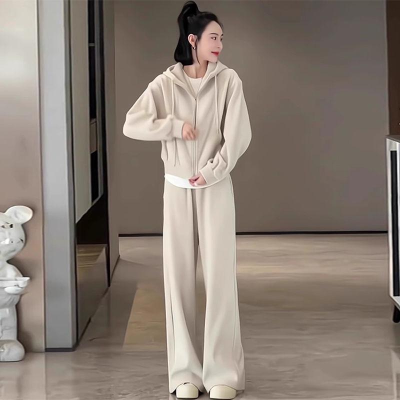 Conjunto de Ropa Deportiva para Mujer con Forro Polar: Sudadera con capucha y pantalones de pernera ancha para otoño/invierno casual y para correr.