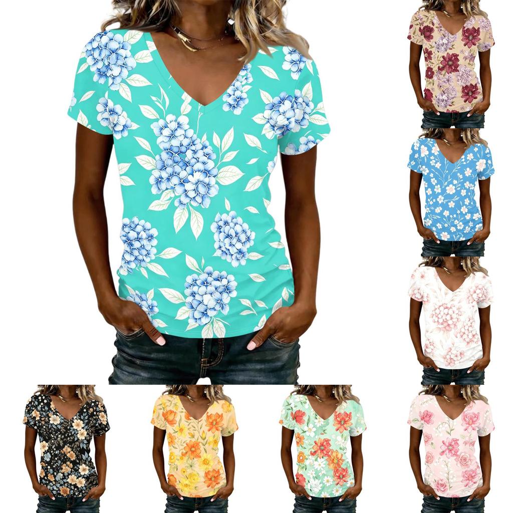 Women V Neck Short Sleeve T Shirt with Floral Print Casual Loose Fit Lightweight Top for Daily Wear Office or Travel