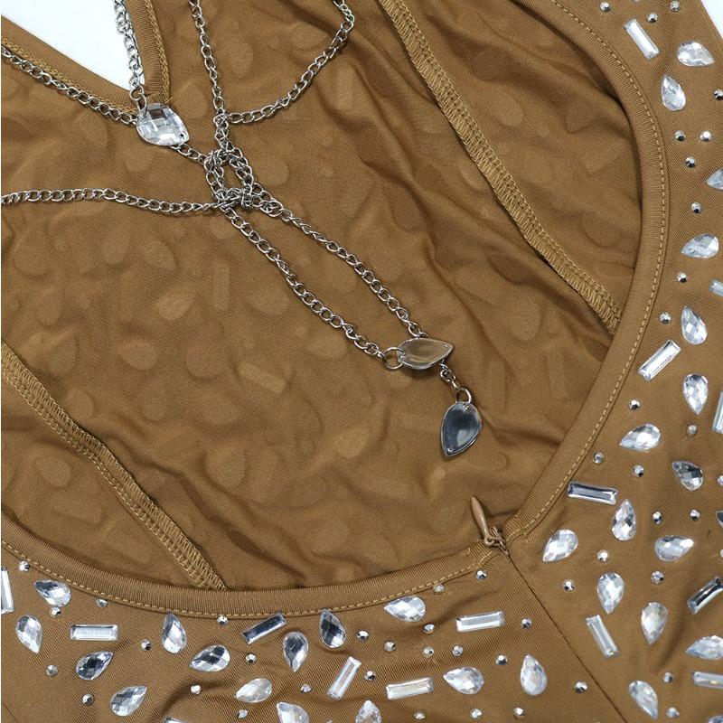 Women's Halter Dress Sexy Deep V Slit Dress Chain Dress