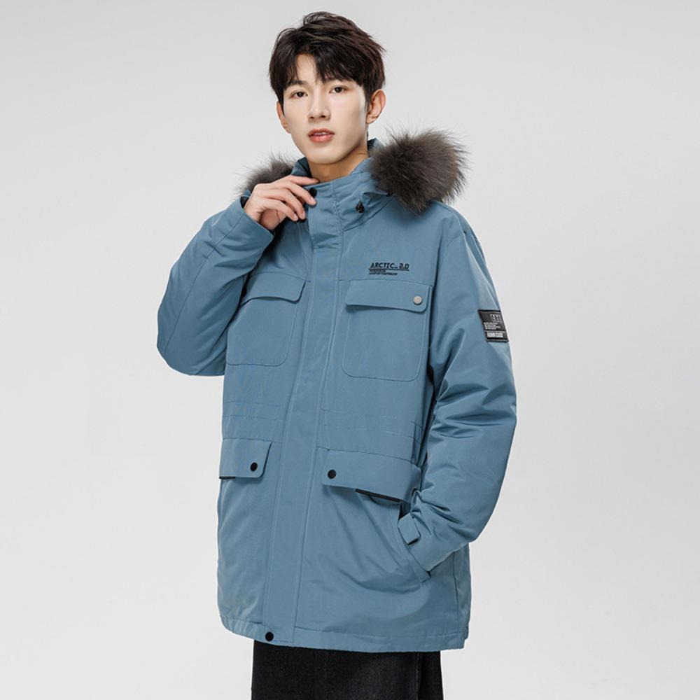 Down jacket men's medium and long large fur collar hooded jacket winter tooling trendy brand casual and warm