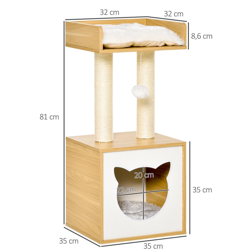 Cat Cave Cat Bed with Washable Cushion, Platform, Scratching Post, Play Ball, Cat House for Cats for Indoor 35 x 35 x 81 cm Oak