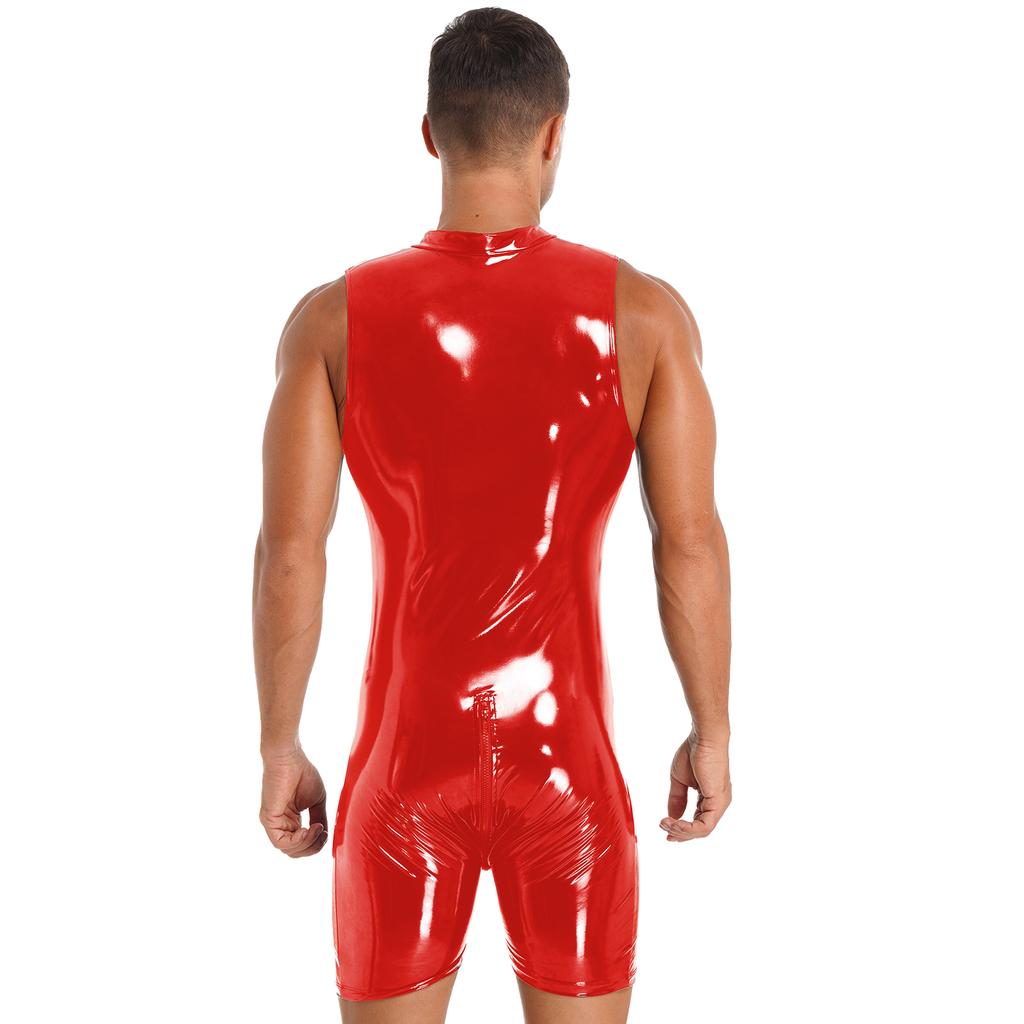 Mens Sleeveless Patent Leather Jumpsuit Wet Look Zipper Bodysuit Pole Dance Clubwear