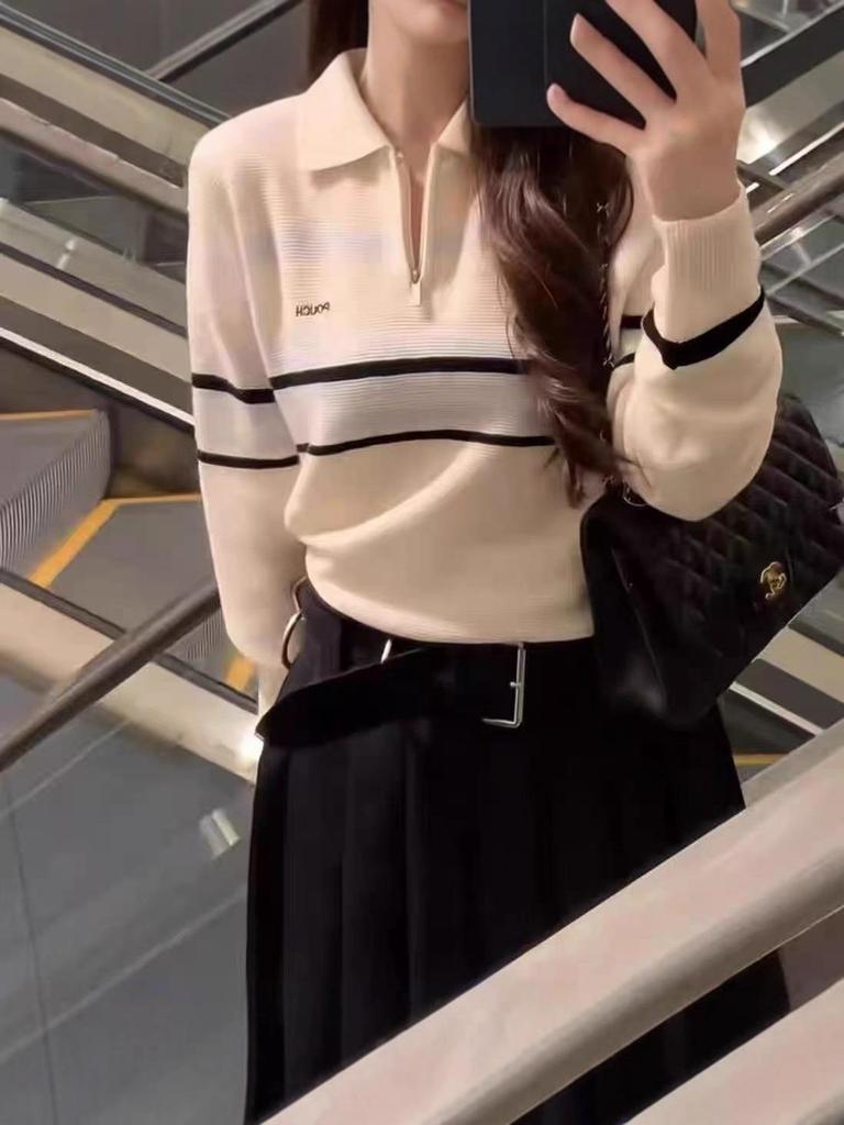 Women's Autumn/Winter 2025 Striped Polo Neck Zipper Knitwear