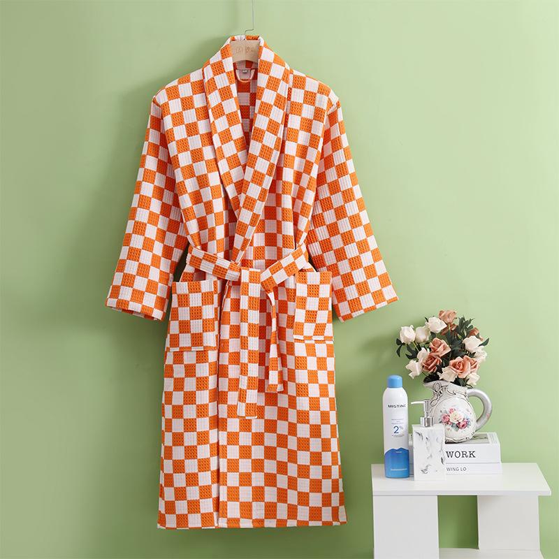 

Унісекс Двошаровий Вафельний Халат - Товстий, Вбираючий Дизайн Шахівниці для Осені та Зими. M помаранчевий