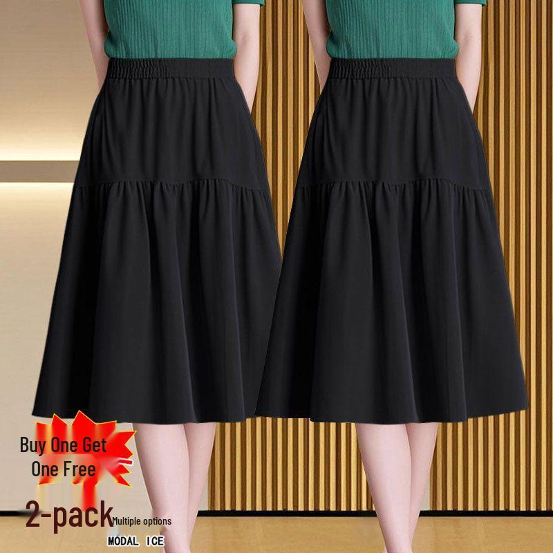 Women's A-Line Elastic Waist Skirt - Three-Quarter Length, Solid Color, Spring/Summer/Autumn Styles Available