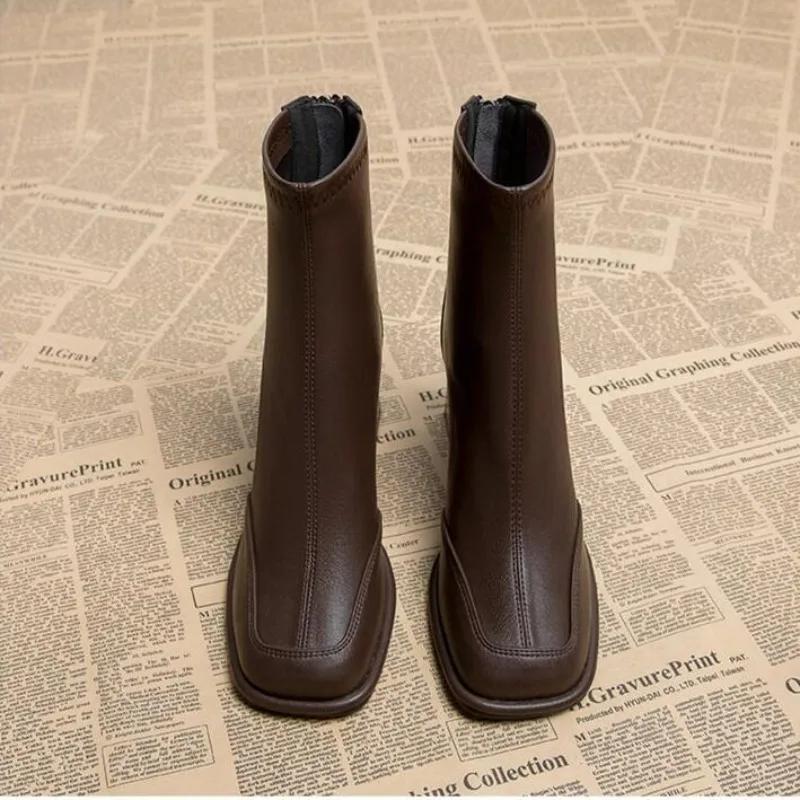 Kotníkové boty Boty na vysokém podpatku pro ženy Podpatková Hnědá Kožená Obuv Práce Krátké Dámské Kotníkové boty Pu Výprodej Y2k Podzim Kvalita